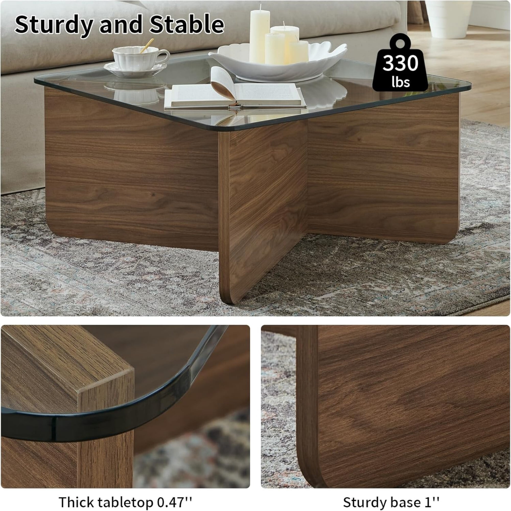 AENKYO Modern 31.5" Square Glass Coffee Table with Tempered Glass Top and Wooden X-Frame Base, Natural Color