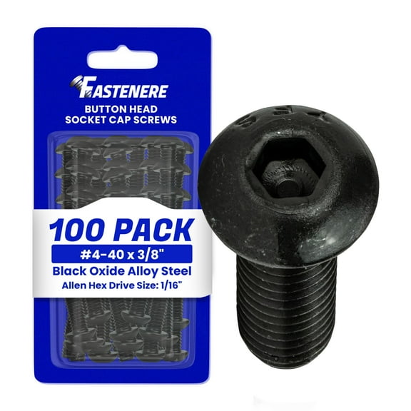 Fastenere Button Head Socket Cap Screws - 4-40 x 3/8" (100-Pcs) Alloy Steel, Fully Threaded, Fine Black Oxide Finish, Corrosion-Resistant, Machine Thread, Easy to Install w/ Allen Hex Drive