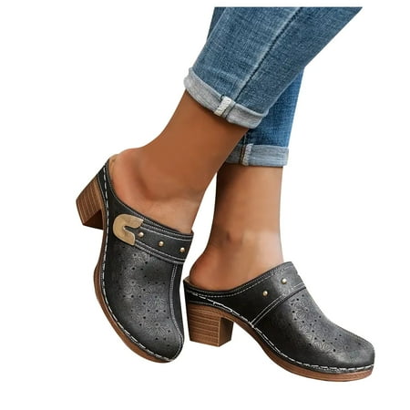 Oyedens Dress Shoes Mules Sandals for Women Wide Width Block Mid Heels Slip On Clogs Summer Fall Shoes