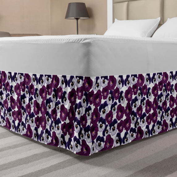 Pansy Bed Skirt, Violet Blossoms Pattern Flowering Petals of Garden Art Spring Meadow Art, Elastic Bedskirt Dust Ruffle Wrap Around for Bedding Decor, 4 Sizes, Multicolor and White, by Ambesonne