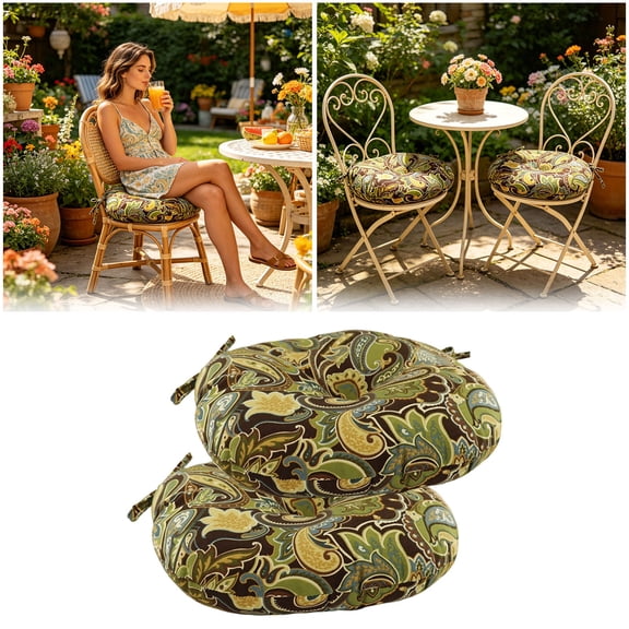 2Pcs Outdoor Round Chair Cushions With Ties, Water Repellent Tufted Patio Seat Cushions, Thick Bistro Chair Pads For Garden, Dining, Bar Stool 15.0X3.1" Happy 2026!