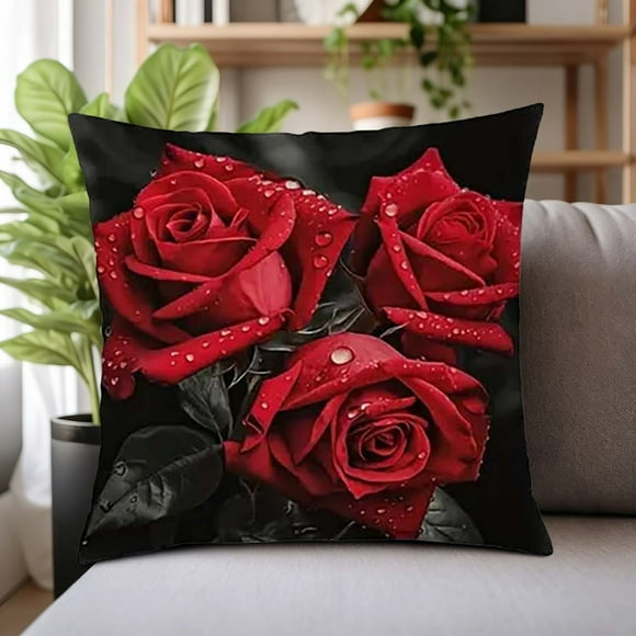 Black Velvet Rose Pillow Cover for Sofa & Car | 45x45cm Soft Cushion Case with Hidden Zipper | Home Decor Gift for Living Room & Bedroom