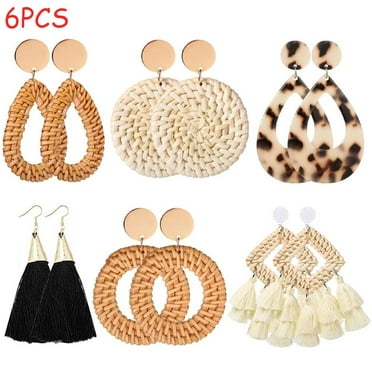 KEINXS 6Pairs Fashion Trendy Jewelry Acrylic Tassel Rattan Statement Earrings Bohemian Boho Earrings Hoop Stud Drop Dangle Earrings Sets for Women Multipack