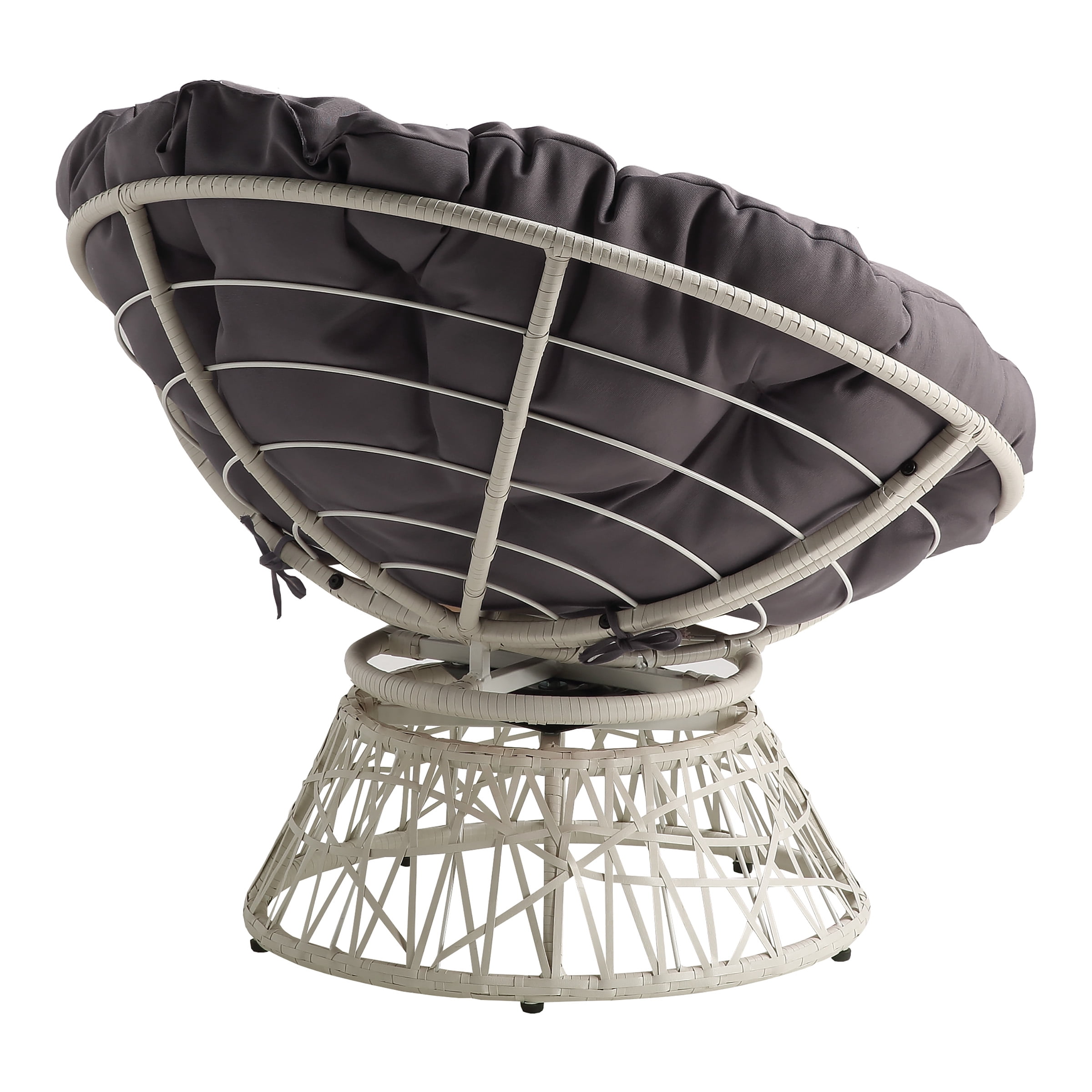Papasan Chair with Gray Round Fabric Pillow Cushion and Cream Wicker Weave