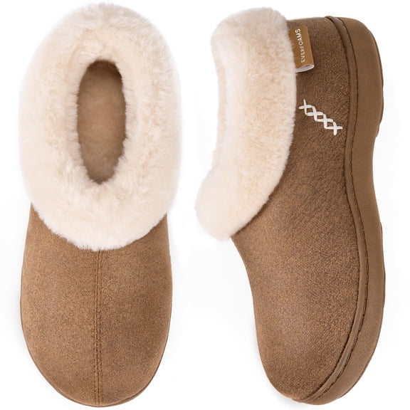 Women's Micro Suede Cozy Memory Foam Winter Slippers with Fuzzy Faux Fur Collar and Indoor Outdoor Rubber Sole Camel,7/8 US