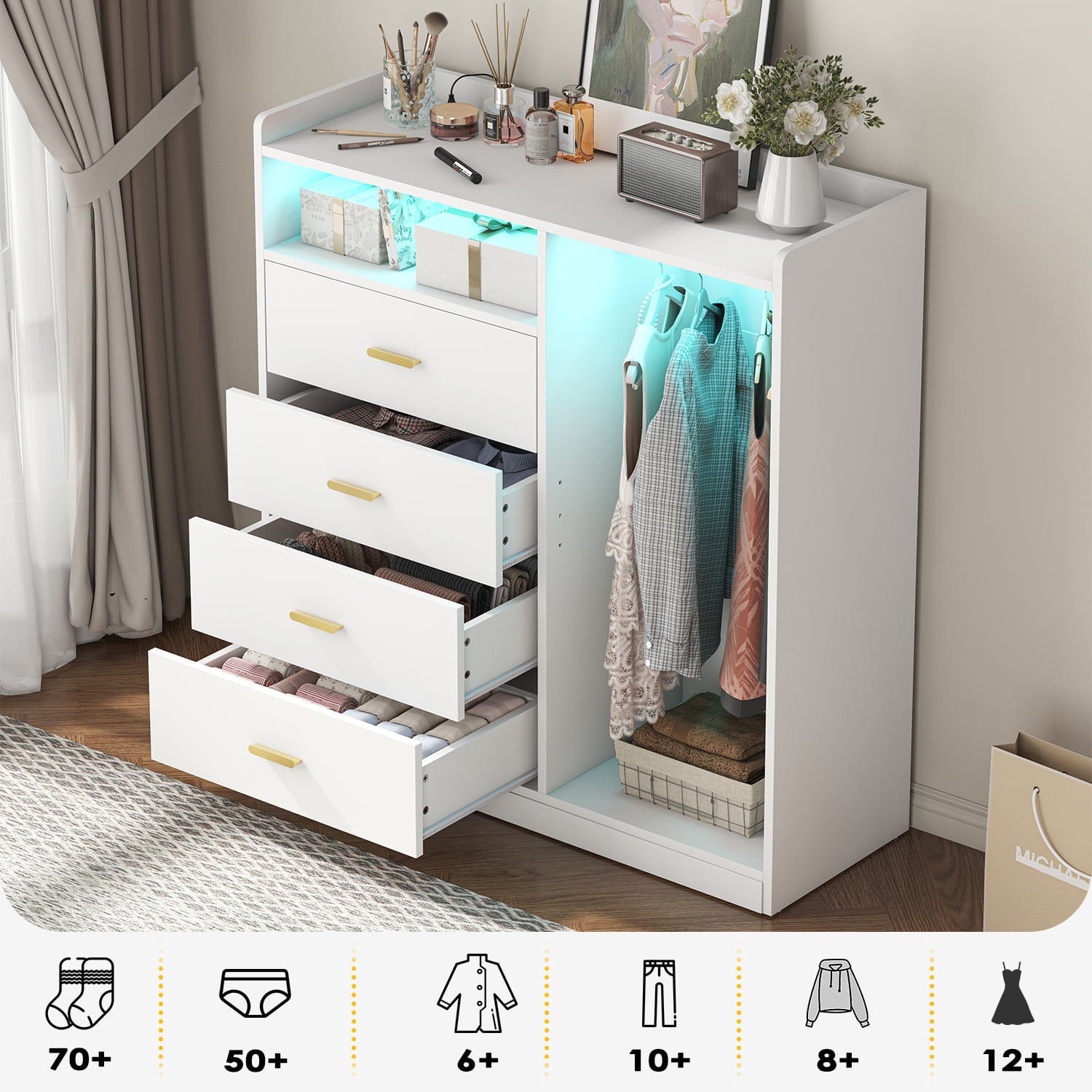 Winkalon 4 Drawer Dresser with Clothing Rack and LED Lights,Modern LED Dresser for Bedroom,White