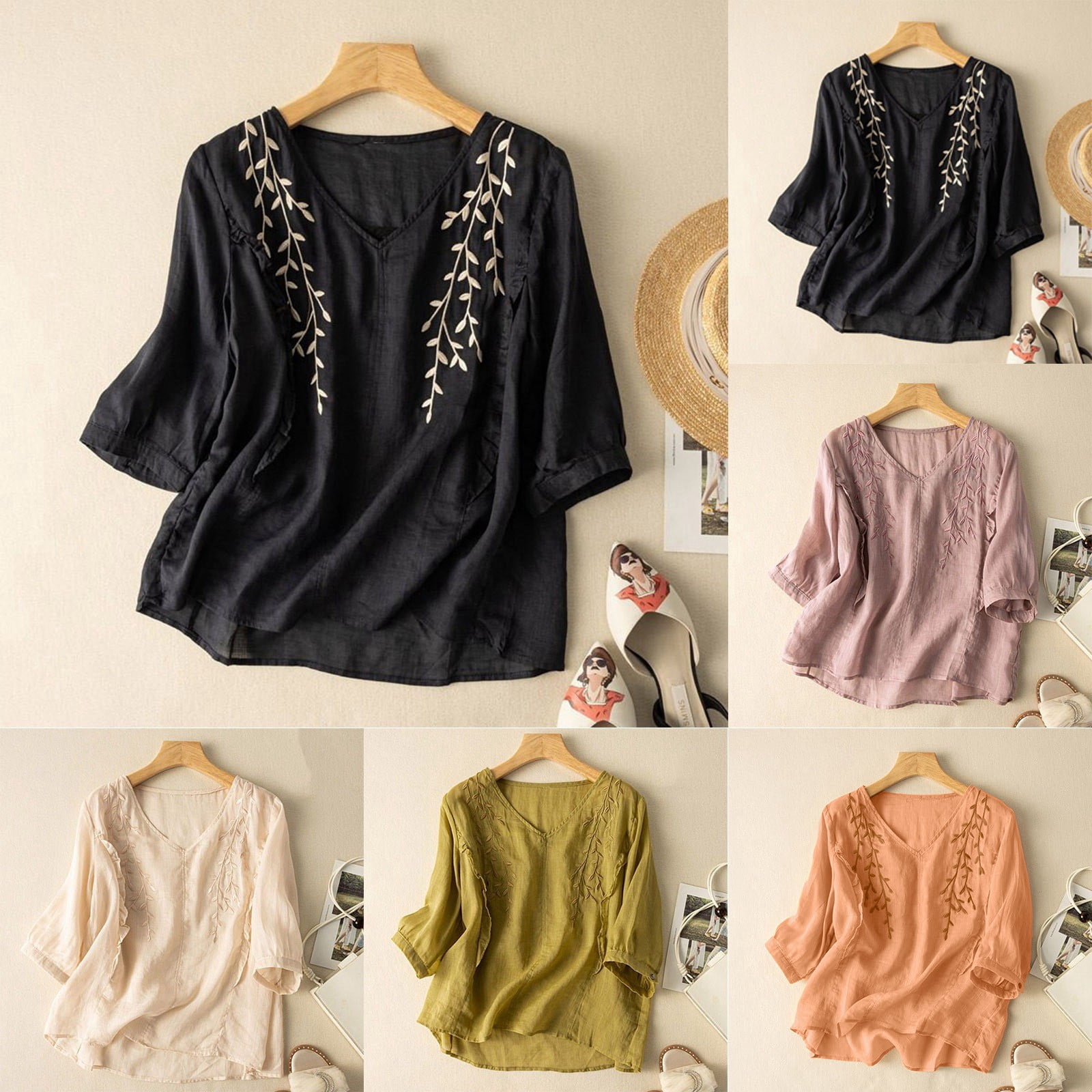 Over Sized T Shirt Women Solid Color Linen Vintage Embroidery