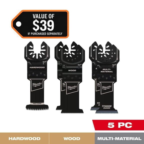 Milwaukee 49-25-1140W OPEN-LOK Oscillating Multi-Tool Blade Set, Titanium Charged Bi-Metal, Japanese Hardwood Blade, 5-Piece, 49-25-1140W