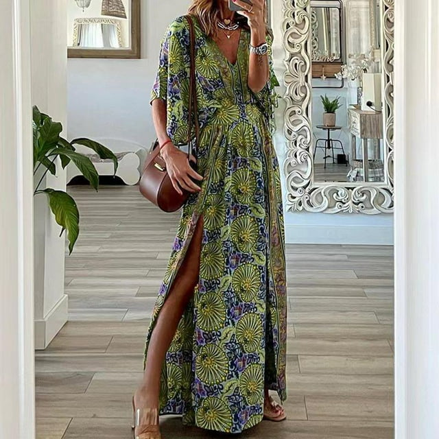 EGNMCR Robes d'Été Femmes Tendance 2024 Mode Femmes Col en V Imprimé Manches Courtes Patchwork Décontractée Longue Robe