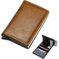 thumbnail image 1 of Portatarjetas desplegable para hombre, diseño minimalista para bolsillo frontal con bloqueo RFID, funda de aluminio plegable de piel auténtica para tarjetas de 10 a 14 años, Café, portafolios, 1 of 1
