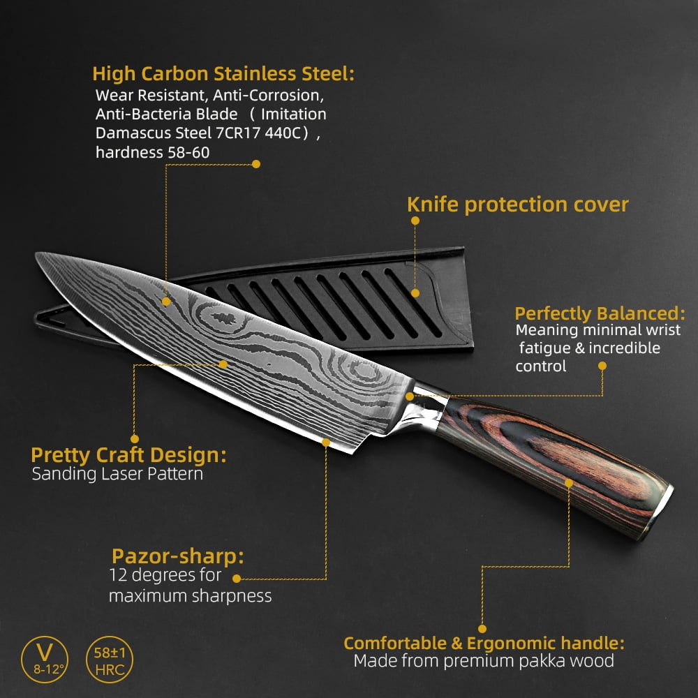 Japanese Chef Knife Set 5-Piece, Laser Damascus Pattern, High Carbon Stainless Steel Kitchen Knives with Pakkawood Handle, Sharp Cooking Knives for Meat and Vegetable Slicing