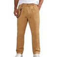 thumbnail image 3 of Men's Cotton Linen Casual Pants Drawstring Elastic Waist Button Trousers Lightweight Straight Leg Slacks with Color Chain for Daily Wear, 3 of 6