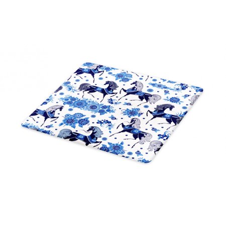 Horse Cutting Board, Monochrome Repetition of Horses and Flowers, Decorative Tempered Glass Cutting and Serving Board, in 3 Sizes, by Ambesonne