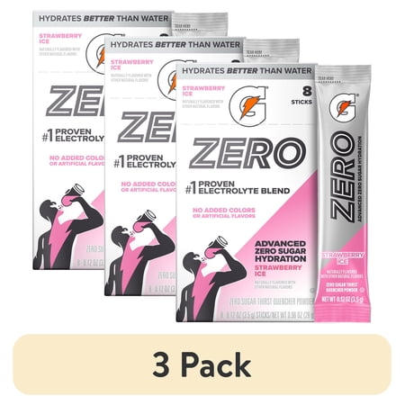 (3 pack) Gatorade Zero Sugar Strawberry Ice, On the Go Packs, Electrolyte Powder Drink Mix, 0.12 oz, 8 Sticks