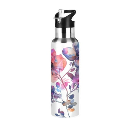 

Water Bottles 20oz Straw Lid Wide Mouth Stainless Steel for School Sport Travel Watercolor Flowers Bouquet