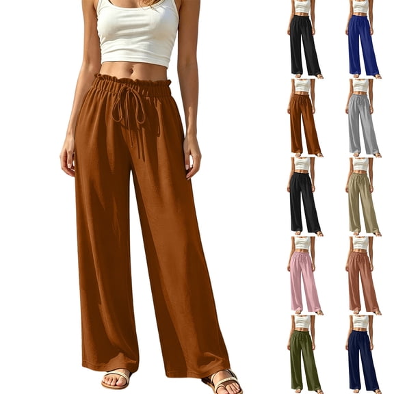 Kojanyu Women's High Waisted Wide Leg Drawstring Pants Casual Linen Cotton Loose Flowy Palazzo Trousers with Pockets
