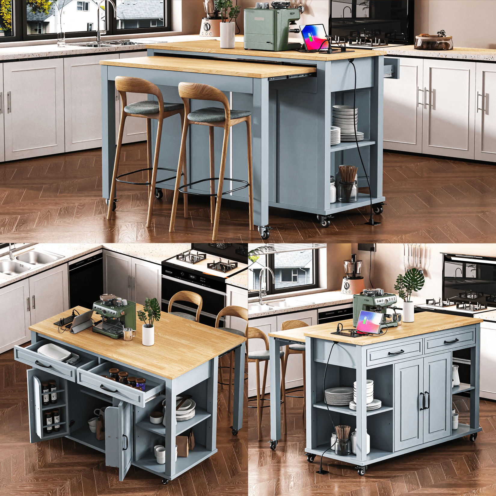 Harper & Bright Designs Kitchen Island with Extendable Dining Table, Kitchen Storage Cart with Drawers and Internal Storage Rack, Rolling Kitchen Island with Power Outlet, Grey+Blue