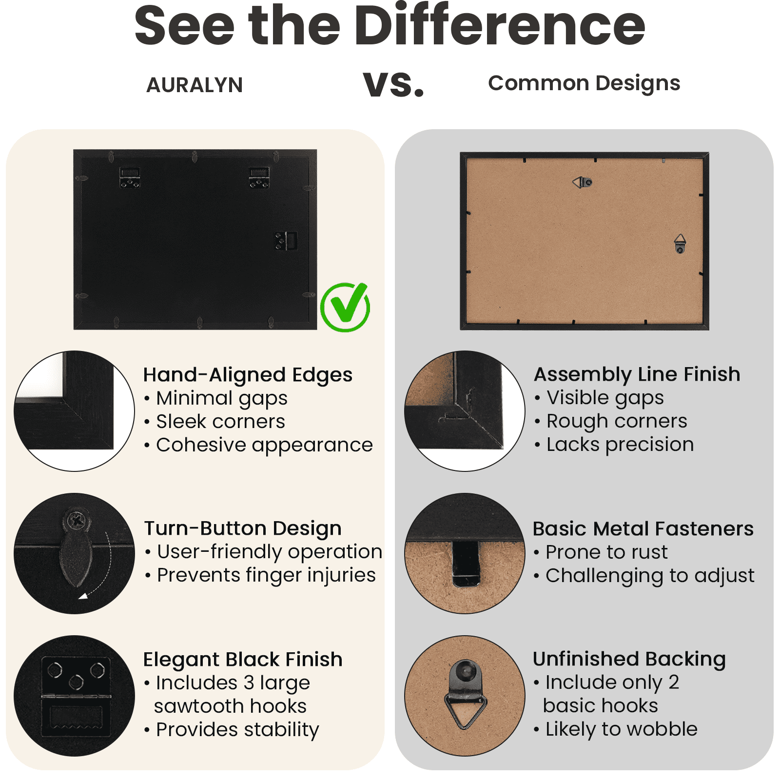 AURALYN 11x17 Picture Frames Set of 3 – Fits 8x12 with Mat or 11x17 Without Mat – Easy to Hang, Finger-Friendly, Includes Hanging Kit (Black Wood Grain, 3 Pack)