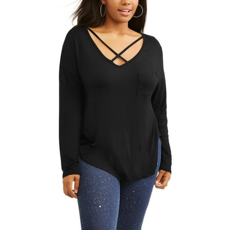 Juniors' Plus Criss Cross Front Neck Long Sleeve Pocket T-Shirt