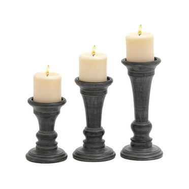 DecMode 3 Candle Black Mango Wood Whitewashed Turned Candle Holder, Set of 3