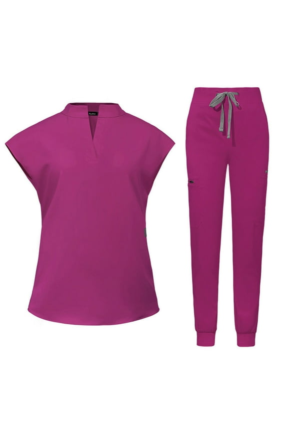 Scrubs For Women Set - Stretch V-Neck Scrub Tops & Jogger Pants With Pockets - Easy Care Nurses Uniform Clinic Carer Protective 2 Piece Set Skin Beauty Salon Surgeon Work Uniform Hot Pink
