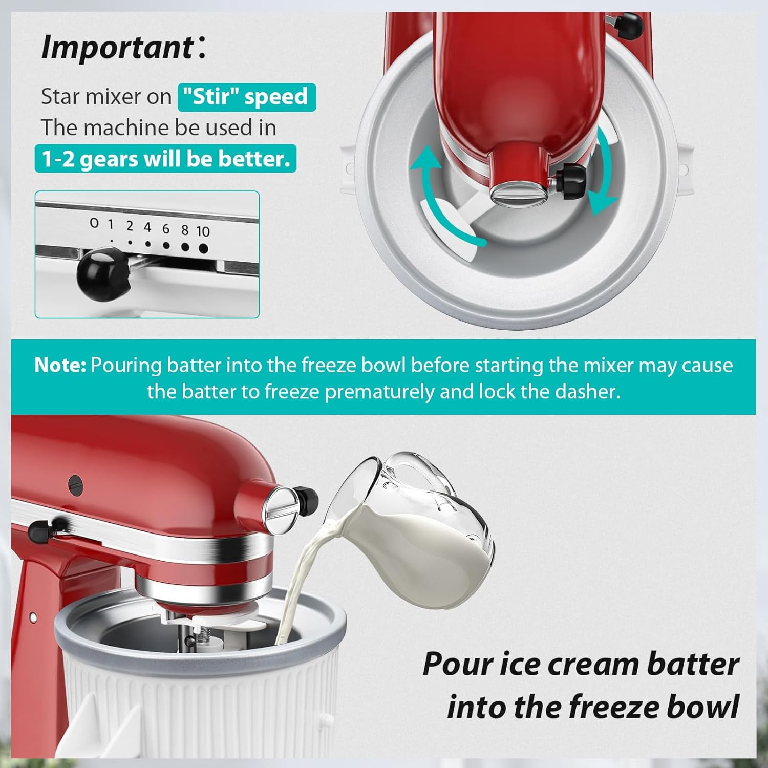 Ice Cream Maker Attachment for Stand Mixer, Ice Cream Bowl Compatible with 4.5Qt and Larger Stand Mixers, Ice Cream & Sorbet Gelato Maker Attachment, 2 Quart, White