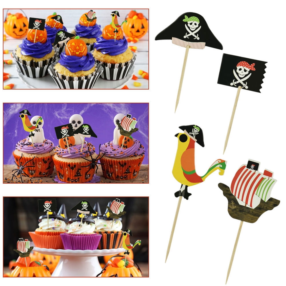 BUZIFU 48 PCS Pirate Cake Topper Set Halloween Cupcake Picks Pirate Cocktail Toothpicks for Food, Standup Wafer Cake Decoration for Kids Children Girls Boys Halloween Birthday Party Decorations