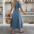 thumbnail image 4 of Women Puff Short Sleeve Denim Midi Dress Belted Button Down Dress for Spring Summer Daily Casual, 4 of 6