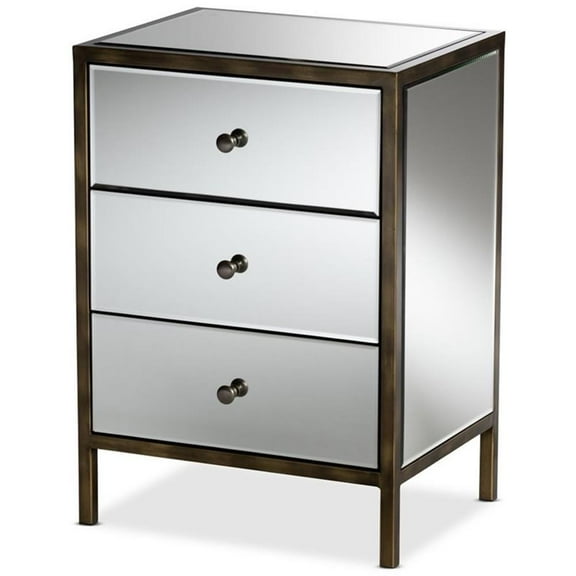 Bowery Hill 3 Drawer Mirrored Nightstand Table in Bronze