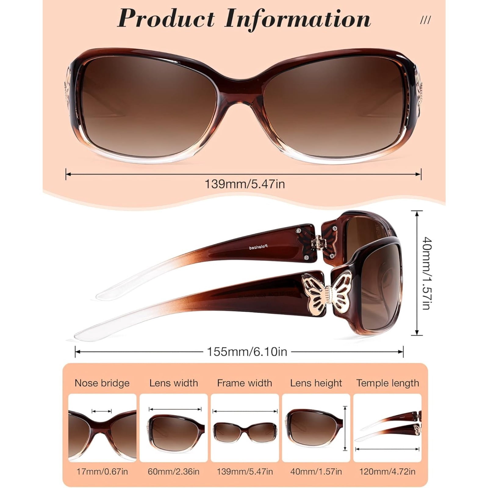 Polarized Sunglasses for Women with Wrap Around Butterfly Design, Trendy Jackie-O Style for UV400 Protection