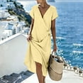 thumbnail image 4 of Pounoo Women's Dresses V Neck Short Sleeve Wrap Linen Blend Midi Dress With Waist Tie Casual Beach Wear Lightweight Breathable Loose Fit Vacation Sundresses Gift, 4 of 7