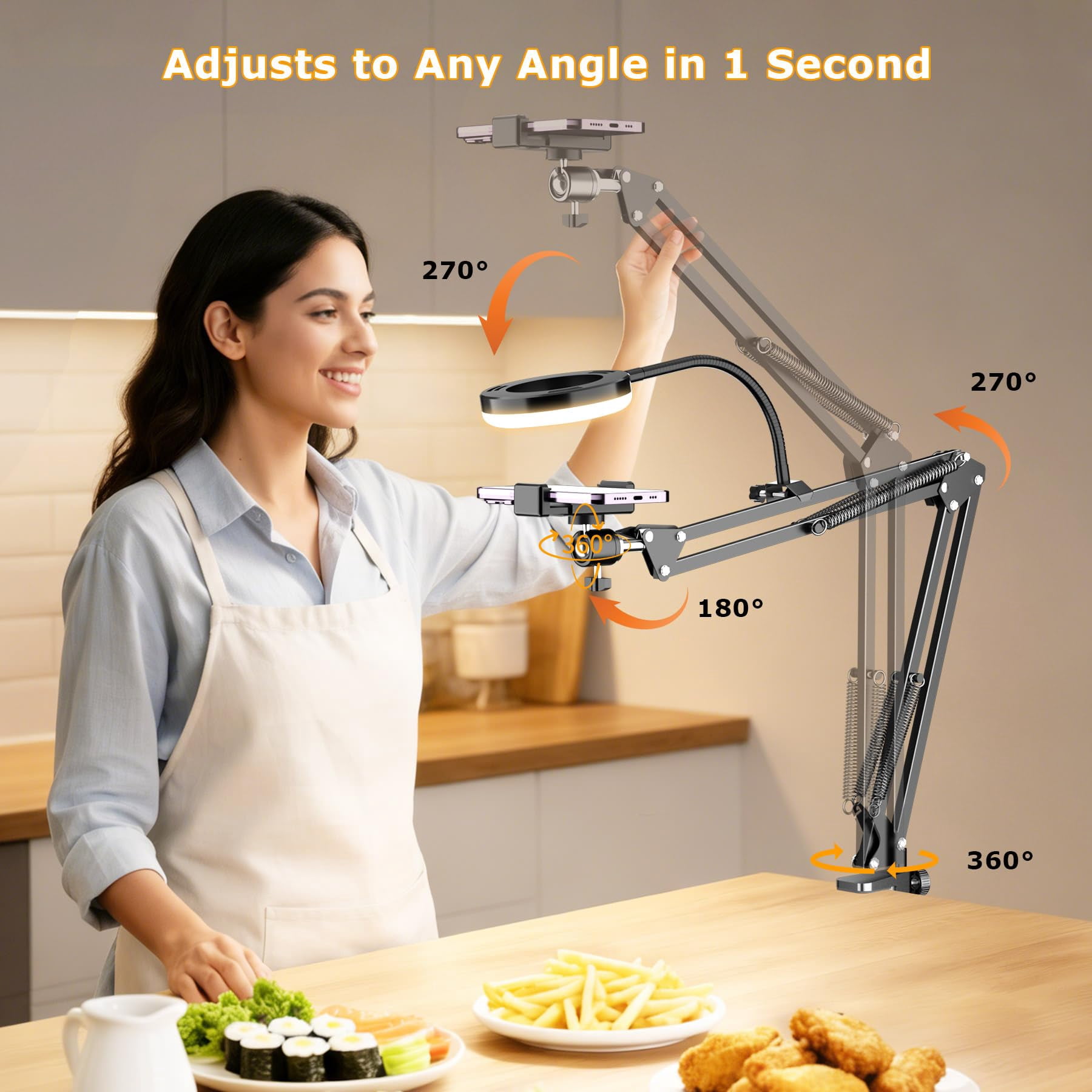 Overhead Camera Mount With Ring Light  Flexible Articulating Phone Arm Stand Compatible Webcam Desk Tripod For Live Stream Cooking Video Recording