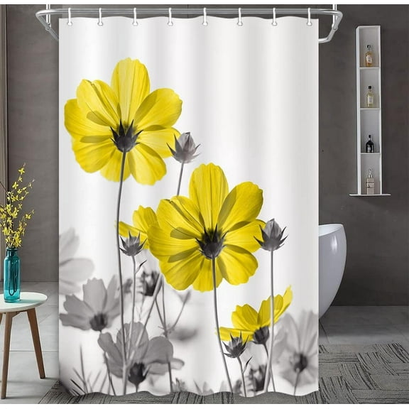 Unique Floral Yellow Shower Curtain for Bathroom Decor, Yellow and Grey Daisy Flower Elegant Wildflower Design Farmhouse Shower Stall Curtains with Hooks Set, 48 X 72 Inches