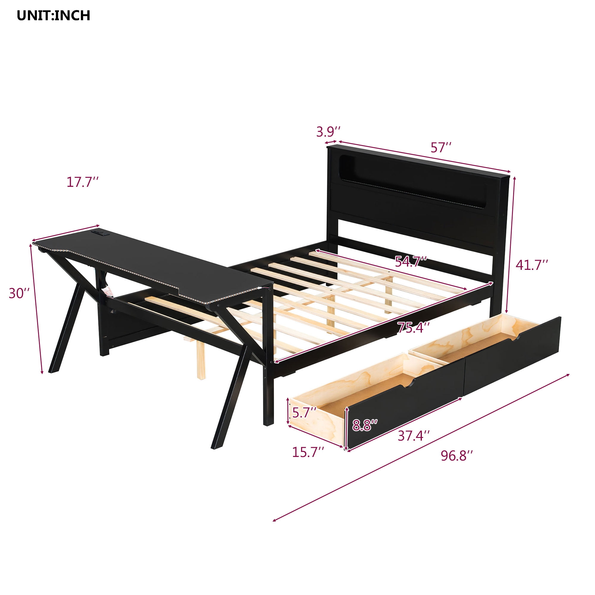 Mintazer Gaming Bed with Desk & Charging Station, Full Platform Bed with 2 Storage Drawers & LED Lighting Dorm Bedroom, Black