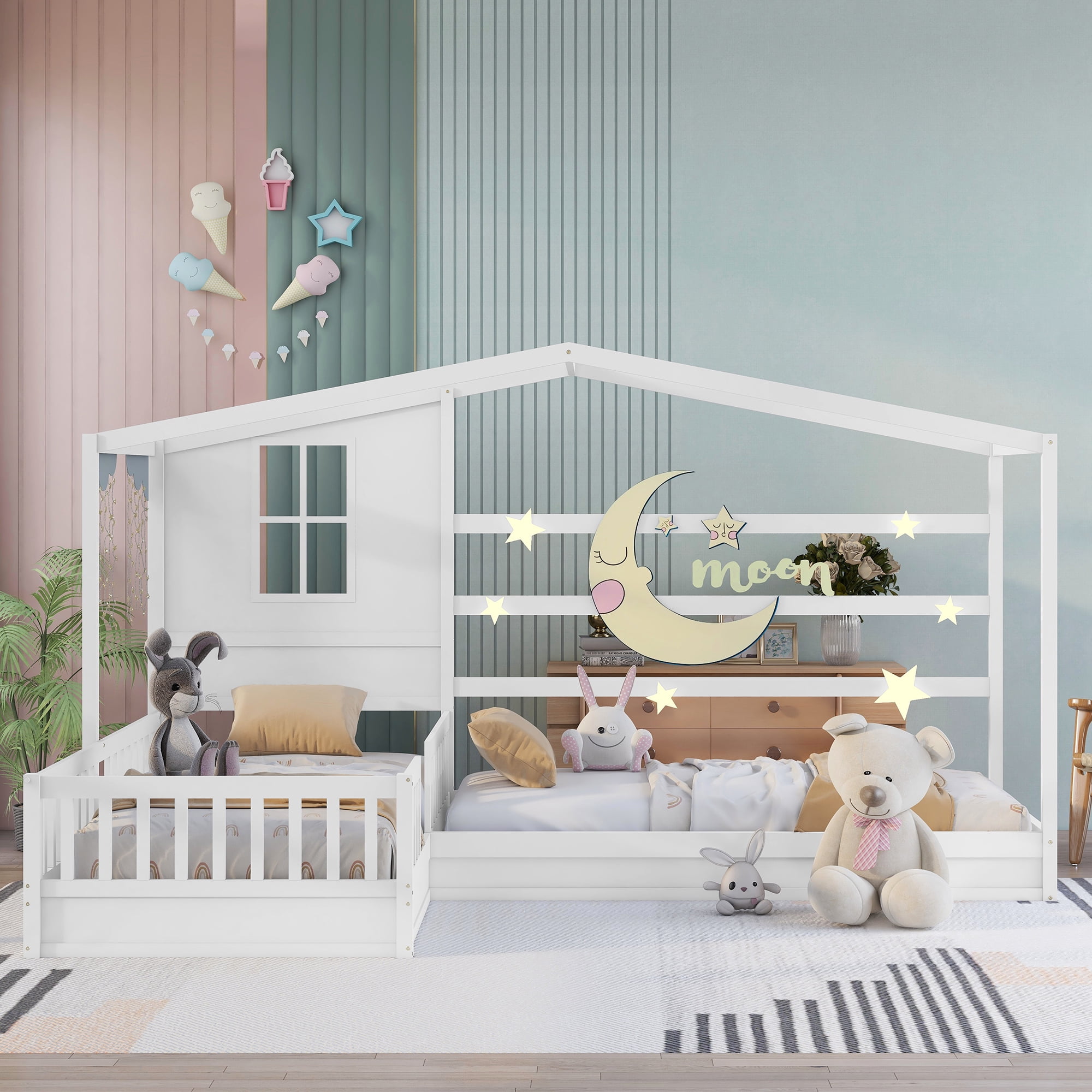 Bellemave House Beds for 2 , Wood L-Shape Twin Bed Frame with Roof and Fence Railings, Double Twin Size Montessori Bed Frame No Box Spring Needed (White)