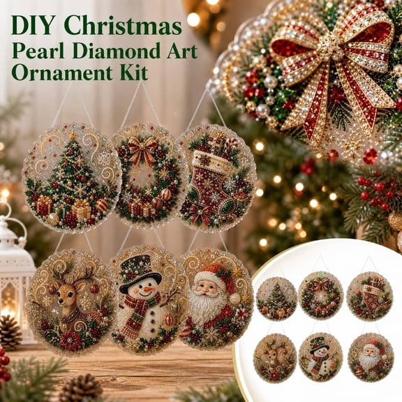 Vintage Christmas DIY Diamond Art Ornament Kit, Round Hanging Pearl Diamond Painting Sign, Christmas Home Indoor Decorations