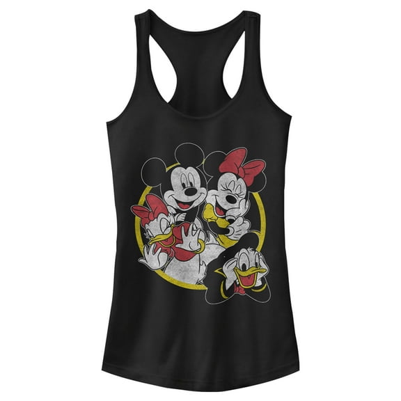 Junior's Mickey & Friends Distressed Group Circle  Racerback Tank Top Black 2X Large