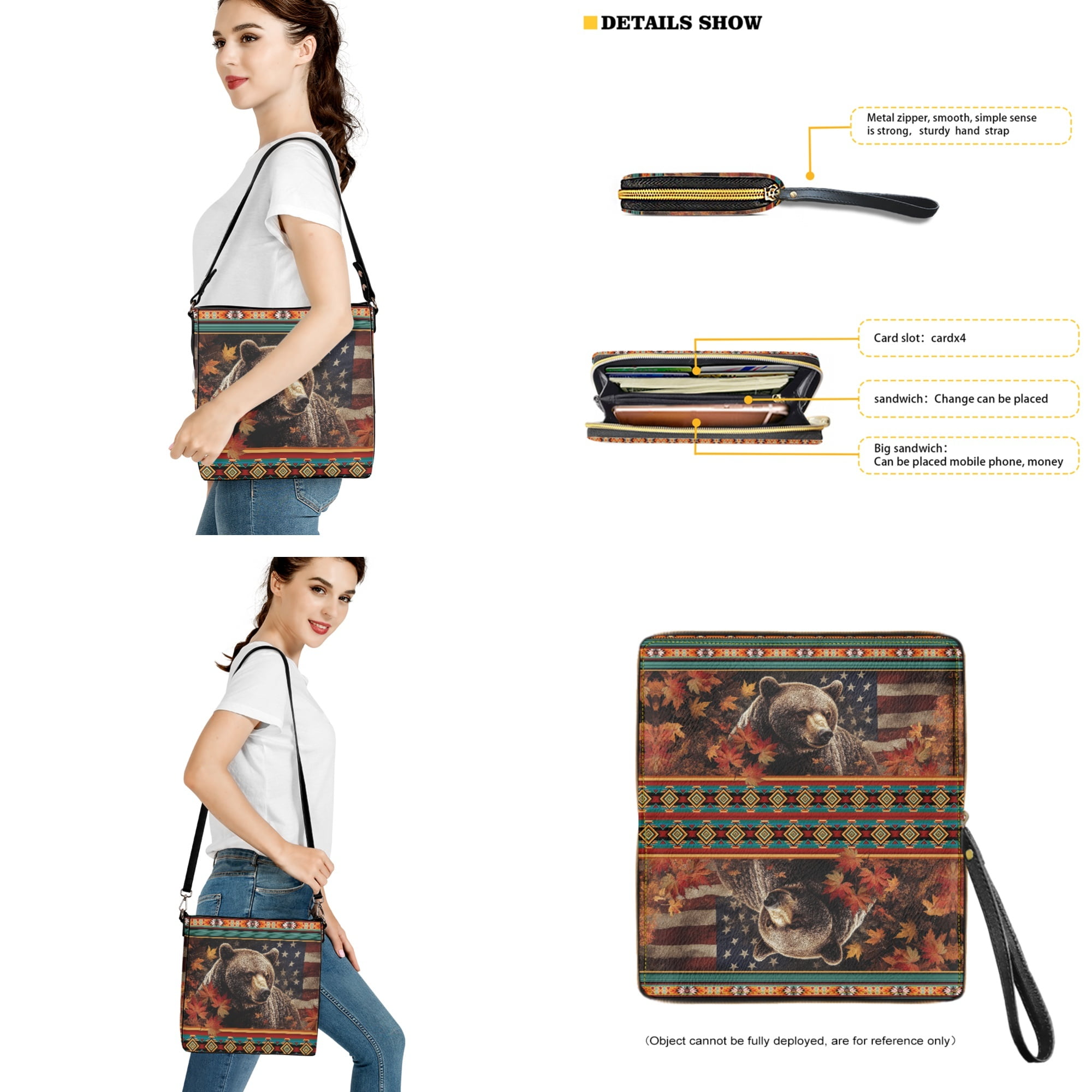 ZUXONGSY Bear American Flag Maple Leaf Print Shoulder Bag with Leather Wallet for Women Lightweight Leather Crossbody Handbag with Wrist Wallet Large Bucket Crossbody Bag Set for Working
