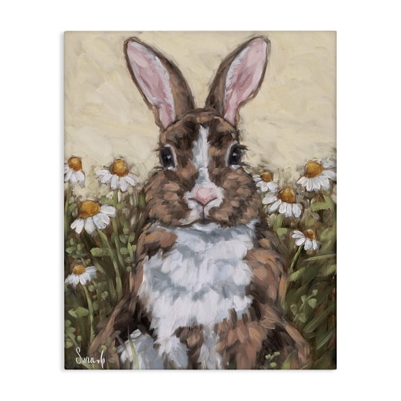 Stupell Industries Rabbit Portrait with Daisies Animals Painting Wrapped Canvas Canvas Art Print Wall Art, 16 x 20
