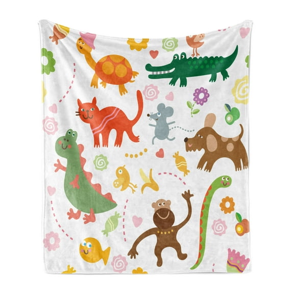 Animals Soft Flannel Fleece Blanket, Jolly Cartoon Animals Colorful Flowers and Hearts for Cheerful Babies and Children, Cozy Plush for Indoor and Outdoor Use, 60" x 80", Multicolor, by Ambesonne