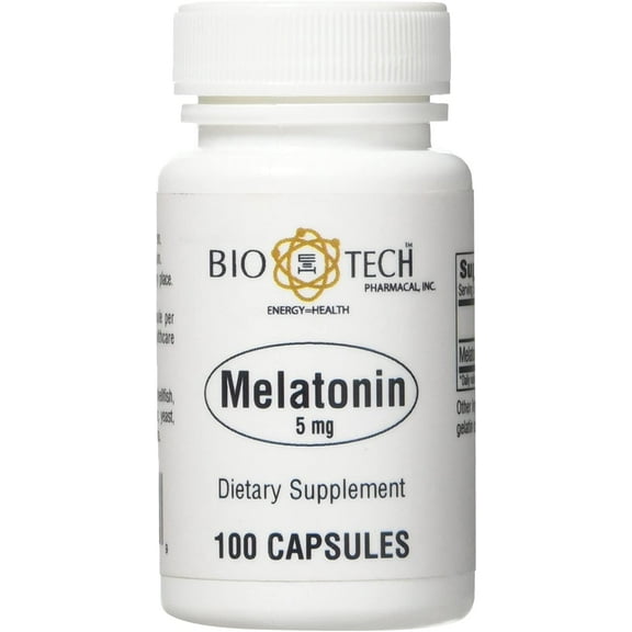 Bio-Tech Pharmacal Melatonin (5 mg), 100 Capsules – All-Natural Supplement – Support Sleep, Cardiovascular, Immune, & Bone Health – No Dairy, Fish, Gluten, Peanut, Shellfish, GMOS, & Soy – No