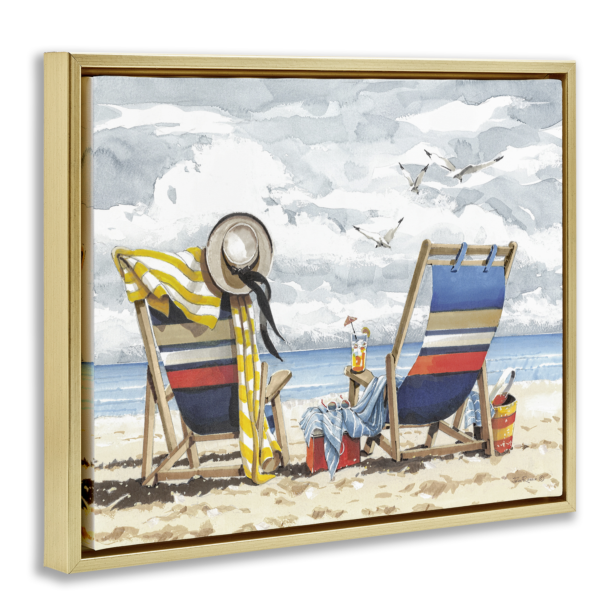 Stupell Industries Peaceful Beach Chairs Hangout Landscape & Nature Painting Gold Floater Framed Canvas Art Print Wall Art, 31 x 25