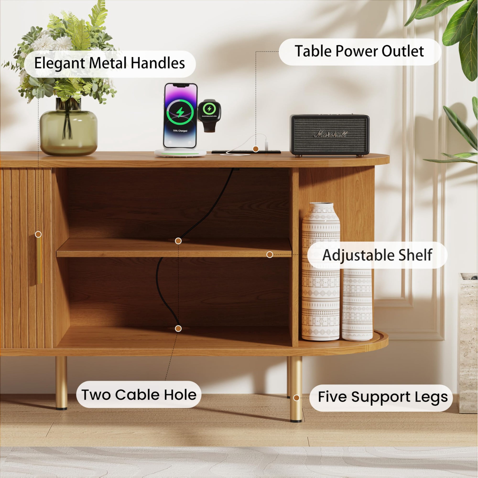 63 Inch Mid Century Modern TV Stand with Power Outlet, Fluted Media Console with Sliding Doors for TVs up to 70 Inch, Yellow