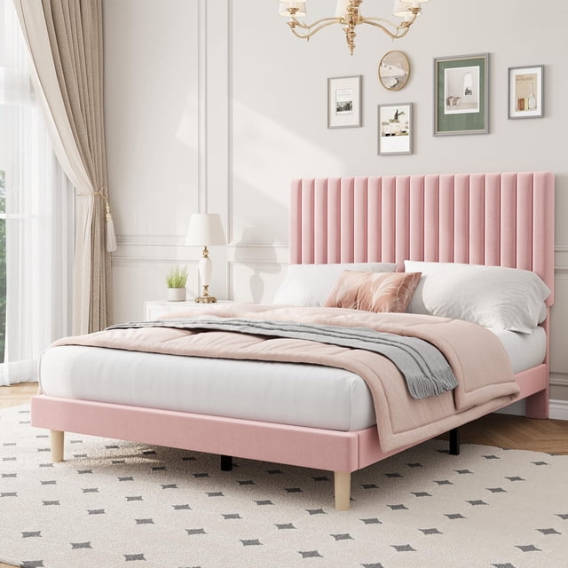 Twin Size Bed Frame, Upholstered Platform Bed Frame with Vertical Channel Tufted Adjustable Headboard, Strong Wooden Slats Support