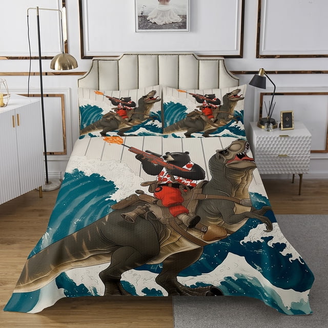 Erosebridal Bear Riding Dinosaur Coverlet Set King,Cartoon Wildlife Bedding Set,Animal Decor,Ultra Soft,3 Pieces