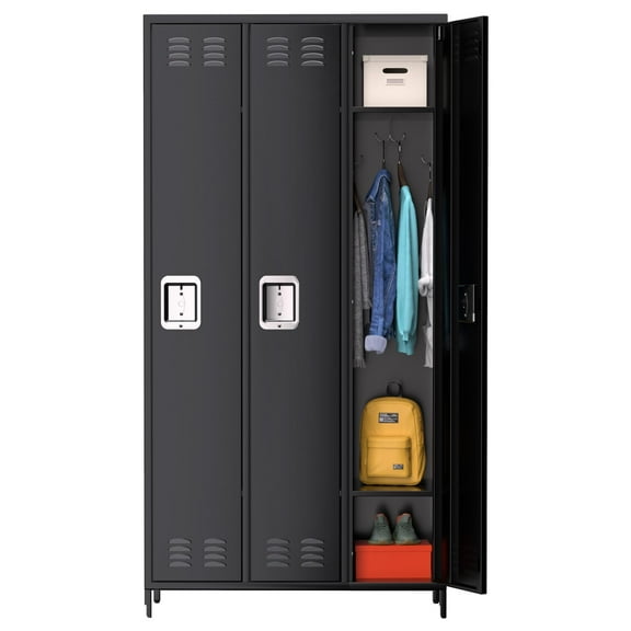 Luku 3 Door Metal Storage Locker for Employees, 72" Tall Steel Cabinet with 3 Shelves & 9 Hooks, Industrial Office Locker for Gym, School, Dormitory, Black