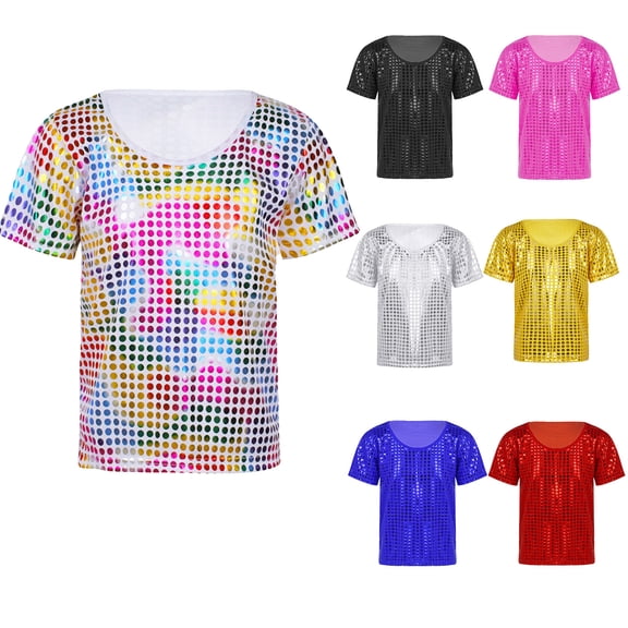 RTKFRFLM Kids Sequin Sleeveless Performance Top Girls Sparkly Short Sleeve Stage Glitter Dance Recital Outfit Shiny Party Celebration Shirt for Children Trendy Event