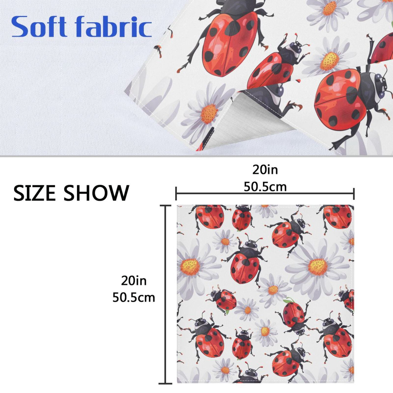 JSTEL Lady Bug Daisy Flower Cloth Napkins Set of 6, 20x20 Inch Washable and Reusable Napkin for Decoupage Dinner Party Everyday Use