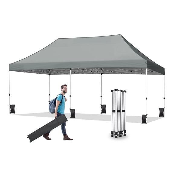10x20 Pop Up Canopy Tent, Ez Pop Up Outdoor Canopy Instant Shade, Adjustable Waterproof Commercial Tent with Roller Bag, 8 Stakes, 6 Sand Bags Grey