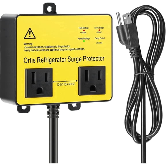 Ortis Double Outlet Refrigerator Surge Protector, Time Delay, 5ft Cord, for Brownout, Spike & Surge